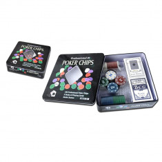 Set Poker cu 100 chips poker in cutie metalica, buton dealer, jetoane 4 culori plus carti joc foto