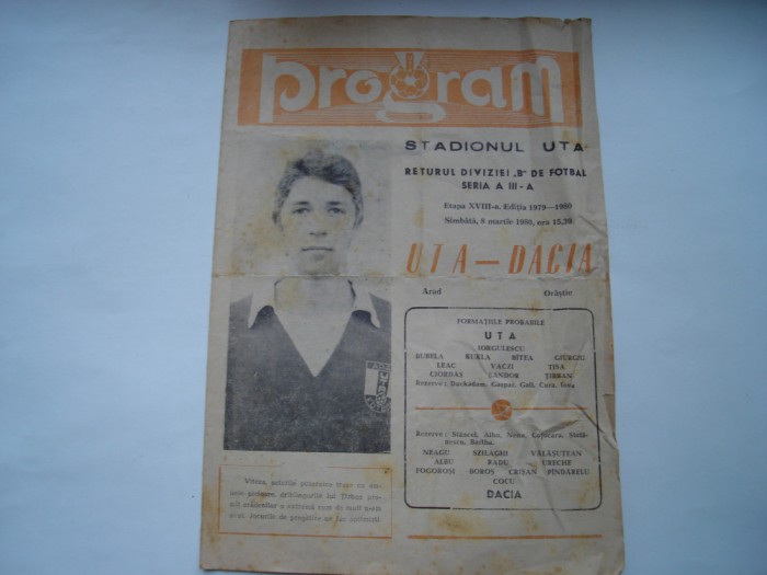 Program UTA Arad - Dacia Orastie, 8 martie 1980