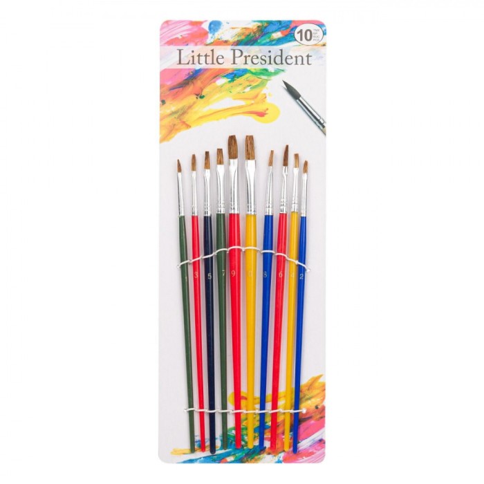 Set Pensule Pictură, Little President, V&acirc;rf Plat, 10 Bucăți, Peri Naturali, Multicolor