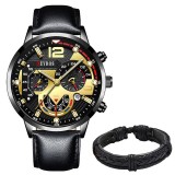 Set Cadou Barbati Deyros: Ceas Auriu, Bratara Eleganta, Cutie Cadou. Ceas barbatesc auriu cu bratara neagra, piele ecologica