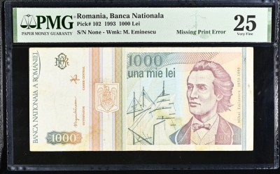 BANCNOTA ROMANIA - 1000 LEI 1993, GRADATA PMG 25 - EROARE - LIPSA SERIE - RARA foto