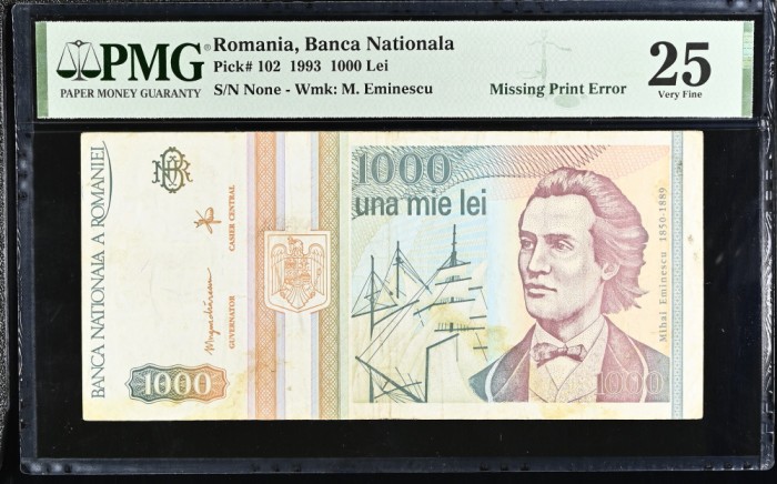 BANCNOTA ROMANIA - 1000 LEI 1993, GRADATA PMG 25 - EROARE - LIPSA SERIE - RARA