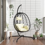 Scaun Suspendat Tip Ou vidaXL, Poliratan, Oțel, Crem/Alb, Balansoar, Perna Inclusa, 195cm, Max 150kg