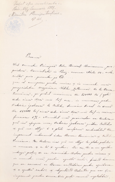 Semnatura (autograf) Vasile Alecsandri pe procura Ralu Basarab Br&acirc;ncoveanu 1889