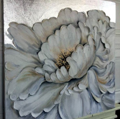 Pictori Romani Tablou abstract U/P Pictura floare alba, pictura cutit 100x100cm foto