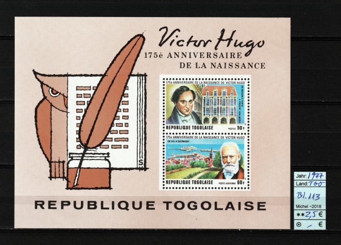 Togo, 1977 | Aniv. 175 ani de la naştere Victor Hugo - Literatură | MNH | aph