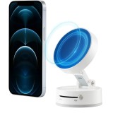 Suport Magnetic Auto pentru Telefon, cu Ventuza, Pliabil și Retractabil, Fixare prin Vid și Magnet, Rotativ 360&deg;, Alb