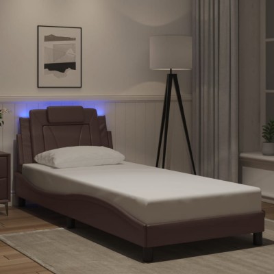 vidaXL Cadru de pat cu lumini LED, maro, 80x200 cm, piele ecologică foto