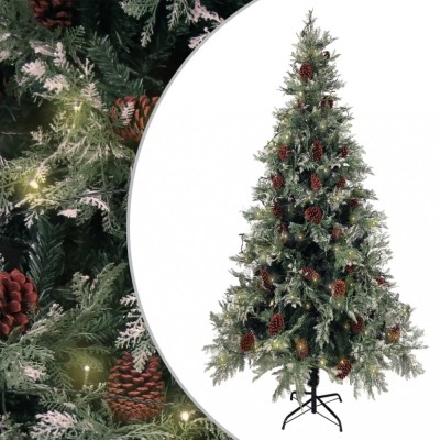 vidaXL Brad Crăciun pre-iluminat conuri de pin verde/alb 225 cm PVC/PE 3094566 foto