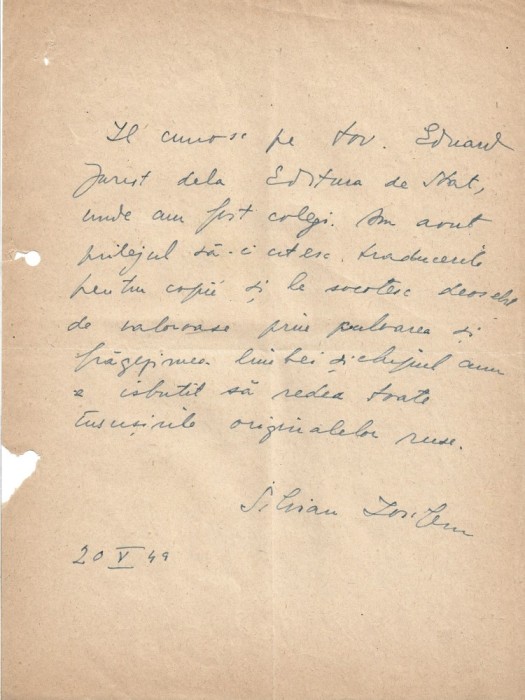 A3433N Silvan Ionescu, act despre Eduard Jurist, scris și semnat olograf, 1949