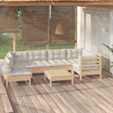 Set mobilier grădină cu perne crem, 7 piese, lemn masiv pin