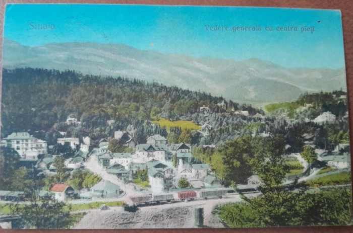 Carte postala, Sinaia, vedere generala cu centrul pietii, 1924