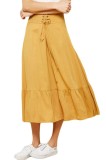 Fusta Midi Mustar Talie Inalta Snur Casual Volane S/M, M - Fusta Dama Trei Sferturi Eleganta Office