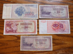 Iugoslavia Lot nr.1 - 5 Bancnote 10,20,100,5000 Dinari 1974 - 1990 foto