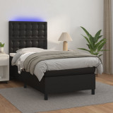 VidaXL Pat cu arcuri, saltea și LED, negru, 100x200cm, piele ecologică