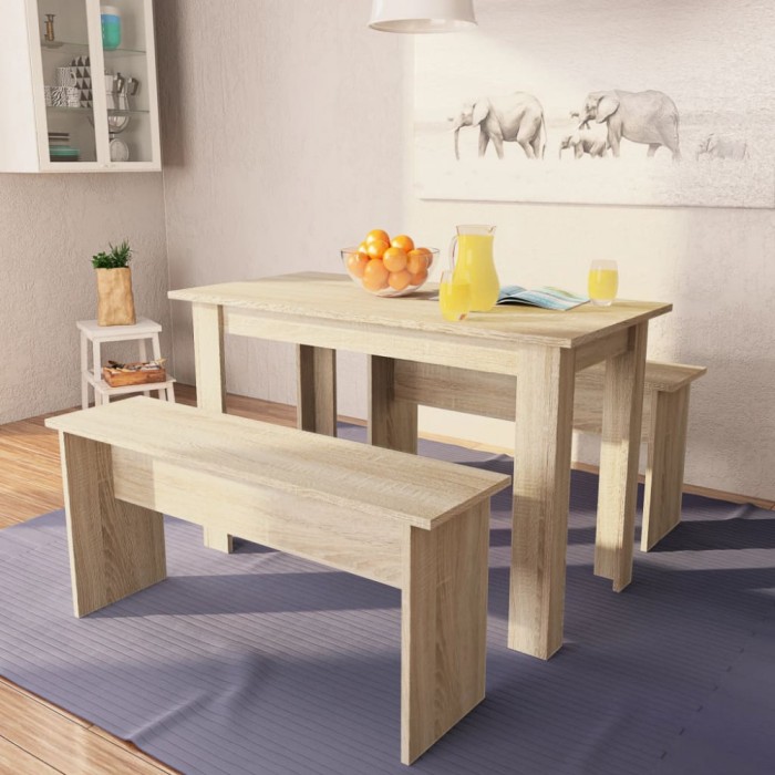 vidaXL Masă și bănci de bucătărie, 3 piese, PAL, culoarea stejarului 244866