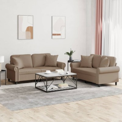 vidaXL Set de canapele cu perne, 2 piese, cappuccino, piele ecologică foto
