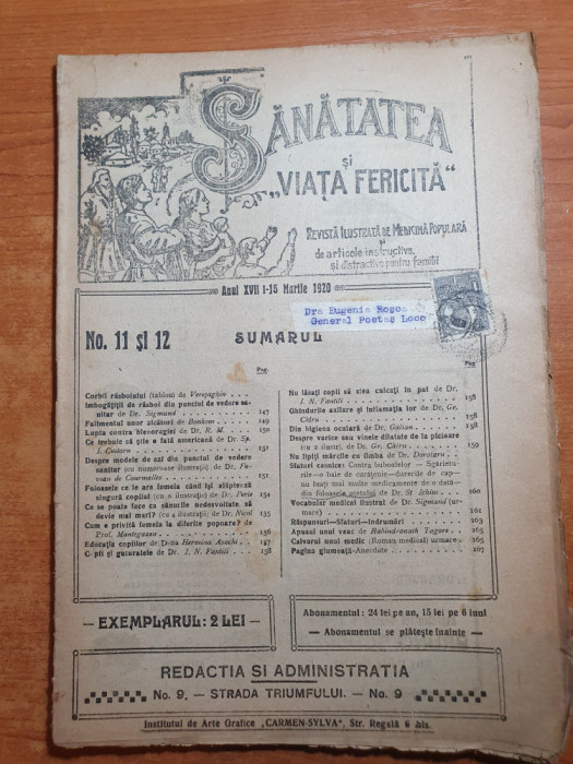 sanatatea si viata fericita 1-15 martie 1920-revista de medicina populara