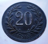 Moneda Austria 20 Heller 1918 Karl I, WWI, Fier KM#2826