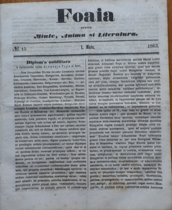 Foaia pentru minte , inima si literatura , nr. 15 , 1863 , Brasov , I. Muresanu