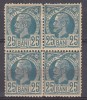 ROMANIA 1885/1888 LP 43 g REGELE CAROL I VULTURI HARTIE COLORATA VALOAREA 25 BANI ALBASTRU BLOC DE 4 TIMBRE GUMA ORIGINALA SARNIERA, Nestampilat