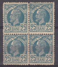 ROMANIA 1885/1888 LP 43 g REGELE CAROL I VULTURI HARTIE COLORATA VALOAREA 25 BANI ALBASTRU BLOC DE 4 TIMBRE GUMA ORIGINALA SARNIERA