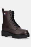 Tommy Jeans bocanci de piele TJW URBAN LACE UP BOOT culoarea maro, cu toc plat, EN0EN02907
