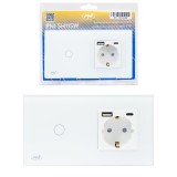 Intrerupator simplu PNI SH115W din sticla cu touch, combinat cu priza Schuko si mufe USB