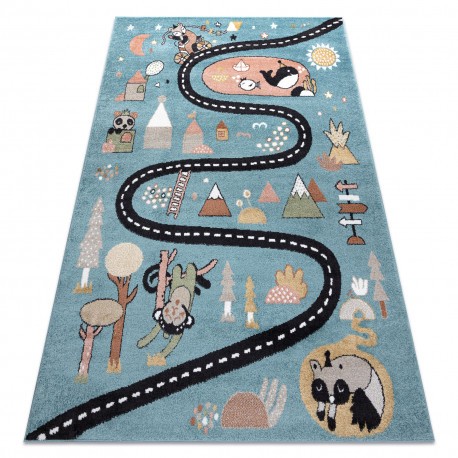 Covor FUN Route pentru copii, strada, animale, albastru, 160x220 cm