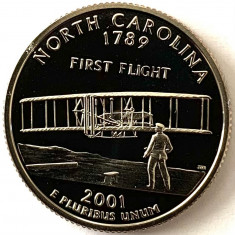 AMERICA QUARTER 1/4 DOLLAR 2001 LITERA S.("PRIMUL ZBOR" - NORTH CAROLINA),PROOF