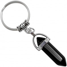 Breloc Obsidian Negru, piatra concentrării și eliberării energiilor negative, metal solid argintiu, 6 cm