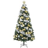 HOMCOM Brad de Crăciun 230 cm cu 250 LED 1136 Ramuri 8 Moduri Globuri Panglici și Funde Telecomandă și Bază Pliabilă Verde | Aosom Romania