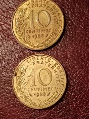 Lot 2 monede Franta: 10 centimes 1985 + 1986, stare UNC + Luciu [poze]. Discount conform descriere [10 - 20 %. Vezi descrierea.].