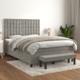 VidaXL Pat box spring cu saltea, gri deschis, 140x190 cm, catifea