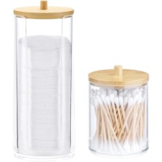Organizator cosmetice, dischete demachiante si betisoare urechi, transparent, 2 compartimente, plastic/bambus, Navaris, 59140.03 foto