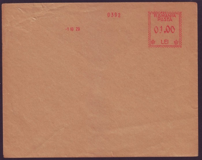 1929 Romania, Plic eseu francatura mecanica, timbru valoare nominala 1 Leu