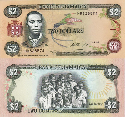 JAMAICA 2 dollars 1993 UNC!!! foto