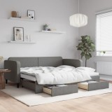 vidaXL Pat de zi cu extensie și sertare, gri &icirc;nchis, 90x190cm, textil
