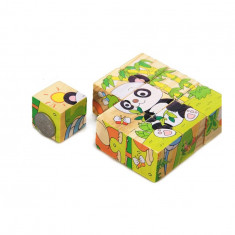 Set 6 in 1 cuburi Puzzle din lemn pentru copii, 6 imagini, animale salbatice