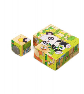 Set 6 in 1 cuburi Puzzle din lemn pentru copii, 6 imagini, animale salbatice foto