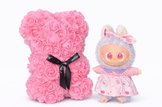 Cadou Labubu si Ursulet din Trandafiri 25cm cu Flori de Spuma, in Cutie Transparenta 30x17cm - roz foto