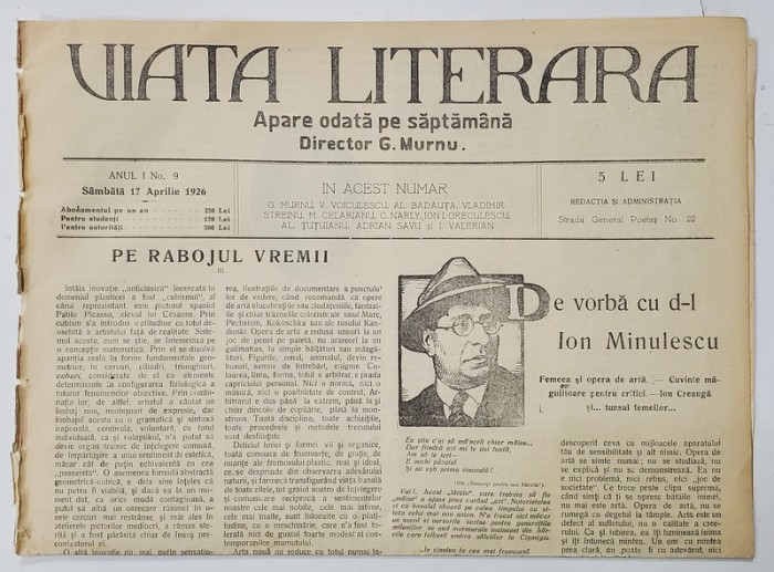 VIATA LITERARA , DIRECTOR G. MURNU , SAPTAMANAL , ANUL I , NR. 9 , 17 APRILIE , 1926