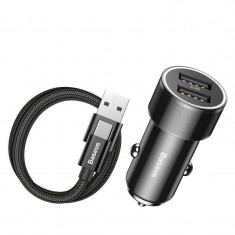 Incarcator auto Baseus Dual-USB Quick Charge Cablu USB-C Negru foto