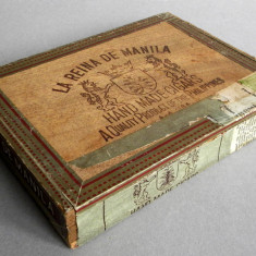 Cutie vintage de trabucuri La Reina de Manila, timbre de tutun Filipine