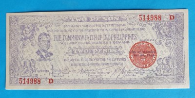 2 Pesos 1942 Bancnota veche Philippines - stare foarte buna - UNC foto