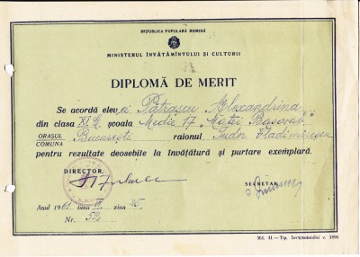 M3 C18 - 1961 - Dilpoma merit - Scoala medie 17 M Basarab raionul T Vladimirescu foto