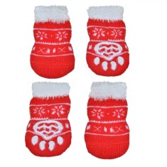 șosete C&acirc;ini, Model Crăciun, Talpă Antiderapantă, Roșu cu Blană Albă, 6cm, Set 4 Bucăți