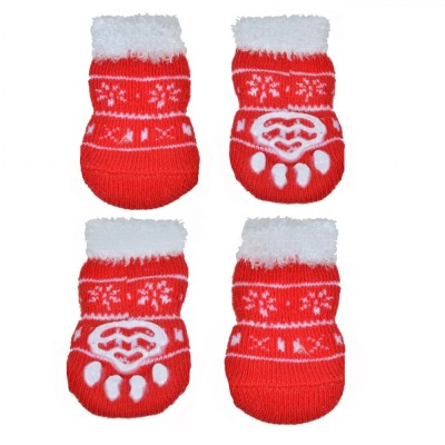 șosete C&amp;acirc;ini, Model Crăciun, Talpă Antiderapantă, Roșu cu Blană Albă, 6cm, Set 4 Bucăți foto