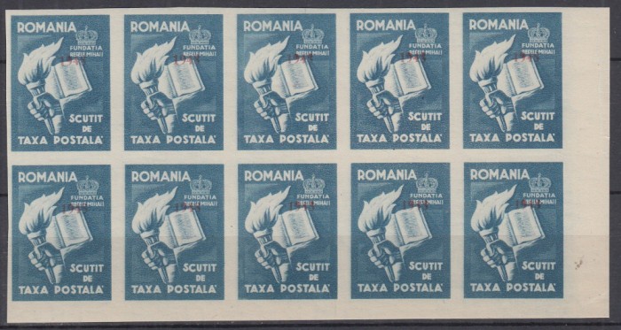 ROMANIA 1947 FUNDATIA REGELUI MIHAI SCUTIT TAXA POSTALA HARTIE ALBA NEDANTELAT SUPRATIPAR 1948 ROSU BLOC DE 10 TIMBRE MNH