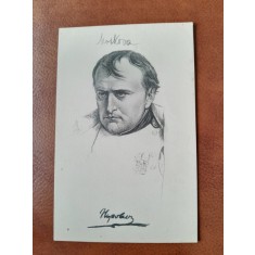 Napoleon Bonaparte, portret gravura alb negru tip carte postala